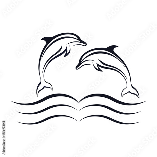 Artistic silhouette of two dolphins leaping over ocean waves during twilight, vector illustration