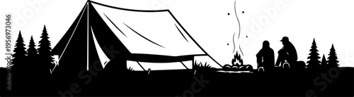 Vector silhouette camping scene with tent and people