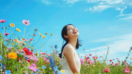 A woman joyfully enjoys a sunny day in a colorful wildflower field under a clear blue sky, embodying happiness and nature's beauty.