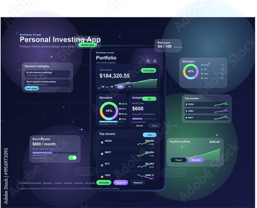 A modern fintech mobile app UI design showing a portfolio dashboard
