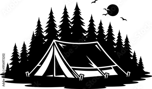 Black and white vector camping tent icon in forest