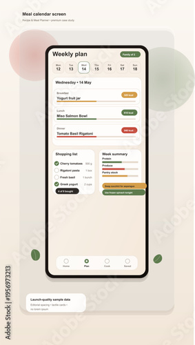 A clean mobile app interface for a weekly meal planner and calendar