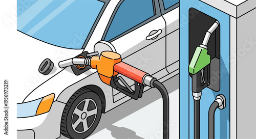 An isometric illustration showing a white car being refueled at a gas station with a fuel nozzle inserted into its tank.
