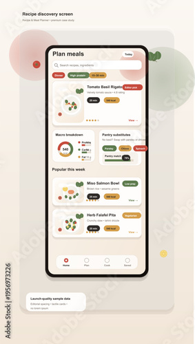 A modern mobile app interface design for a meal planner and recipe