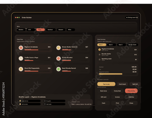 A modern dark mode user interface design for a restaurant point of