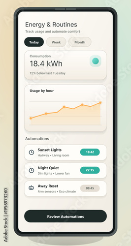 A mobile smartphone interface displays a smart home energy and