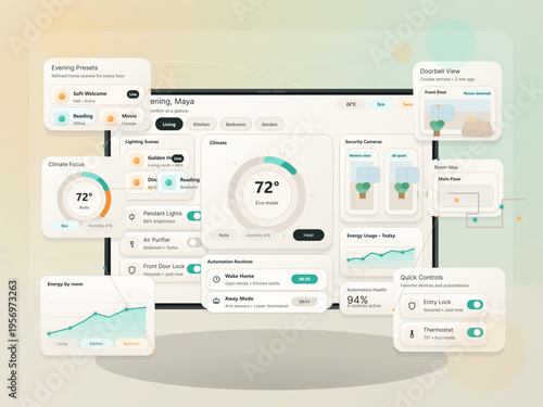 A comprehensive smart home dashboard interface featuring climate