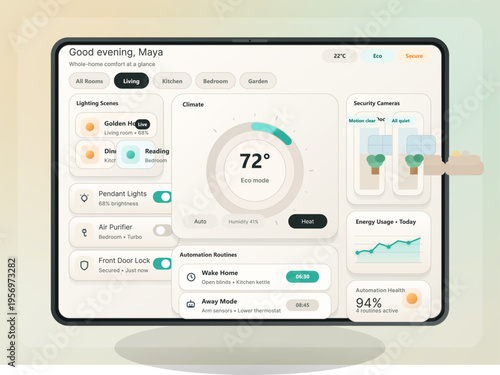 Modern smart home dashboard interface displayed on a tablet screen