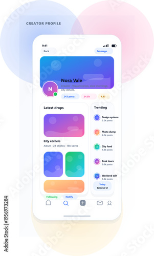 A modern mobile app interface design for a creator profile, featuring