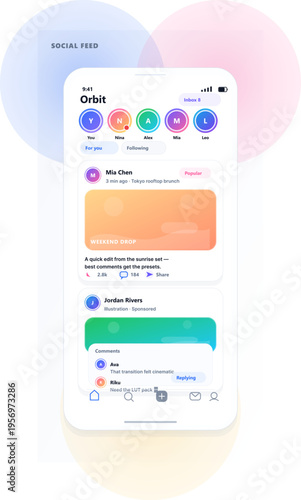 A modern mobile application user interface for a social media feed