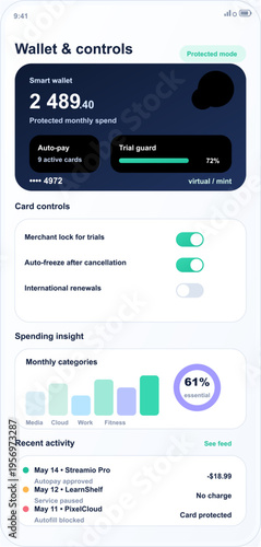 A clean mobile application interface design for a smart wallet and