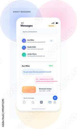 A clean mobile app user interface design for a direct messaging