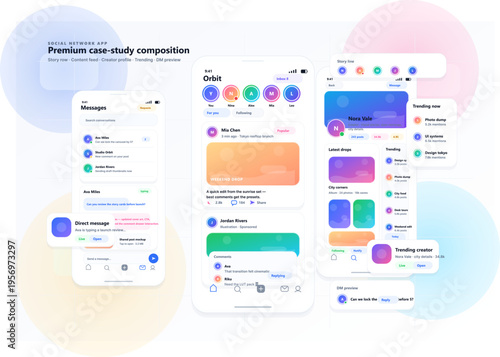 A set of mobile application screens showcasing a social network user