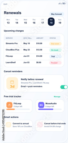 Mobile app UI design for subscription management showing upcoming