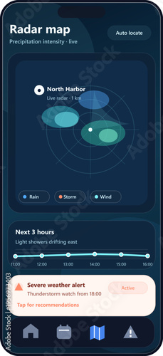 A vector illustration of a mobile weather radar application interface