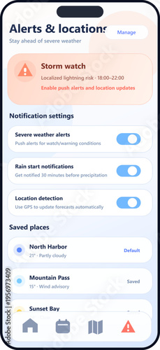 A modern weather application interface on a smartphone screen showing
