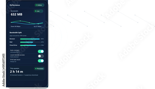 A mobile app interface displaying performance metrics and security