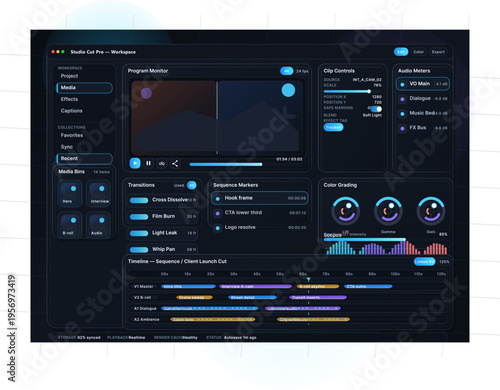 A professional video editing software interface featuring a dark mode