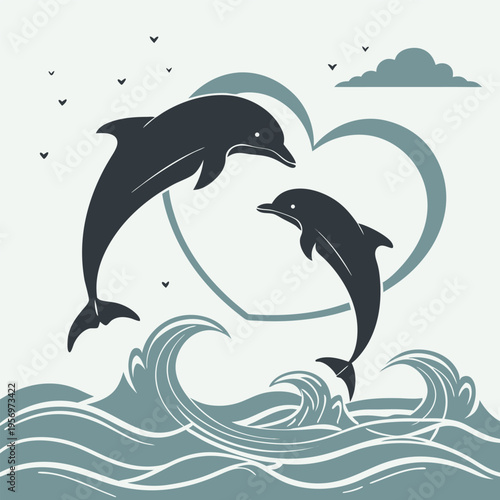 Two playful dolphins leaping over water waves in a sunset silhouette, vector graphic