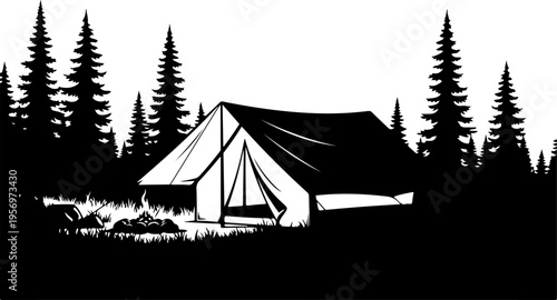 Vector illustration of black tent in forest