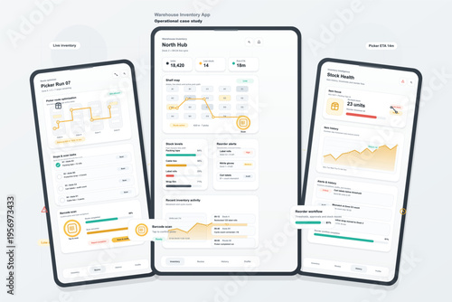 A set of three mobile devices displaying a warehouse inventory