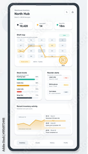 A modern mobile app interface for warehouse inventory management