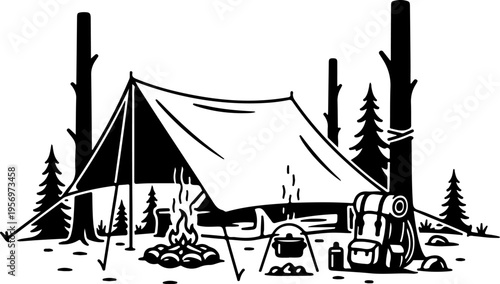 Vector illustration of camping tent with campfire and gear in forest