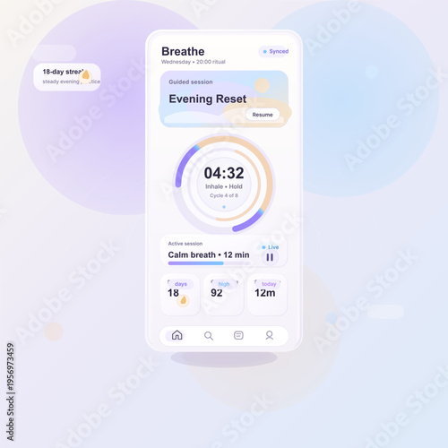 A minimalist mobile app interface for a breathing and meditation