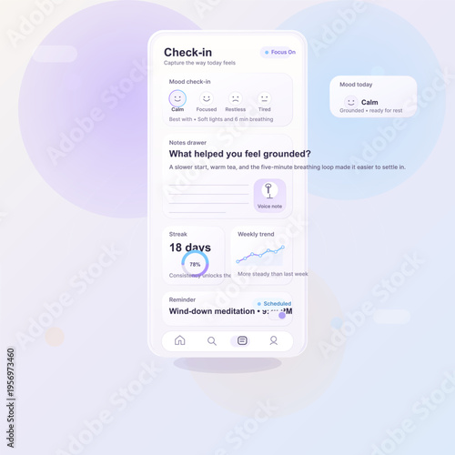 Clean minimalist mobile app UI design for mental health tracking