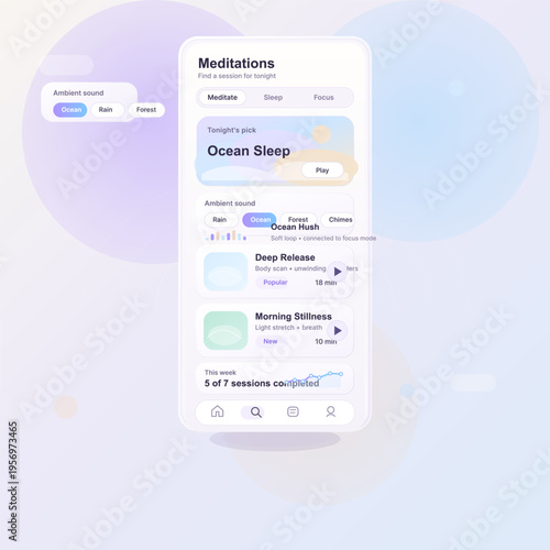 A digital illustration of a smartphone screen displaying a meditation