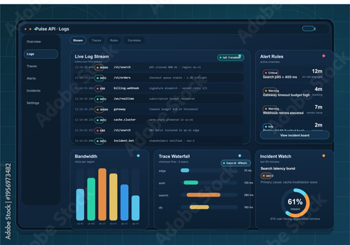 A dark mode user interface dashboard for system monitoring showing