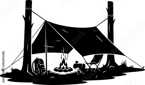 Vector camping shelter illustration with campfire and chair