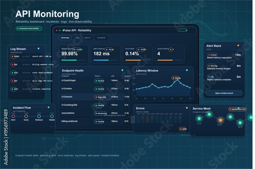 A dark-themed digital dashboard for API monitoring showing real-time