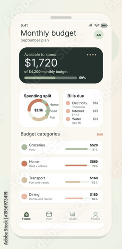 A modern mobile app interface displays a monthly budget planner with