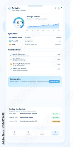 A mobile UI design displays cloud storage management features