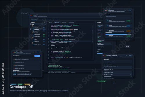 Professional software development workstation interface showing a