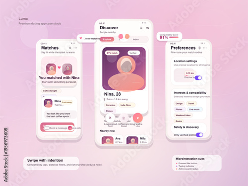 A modern mobile dating app user interface design featuring screens