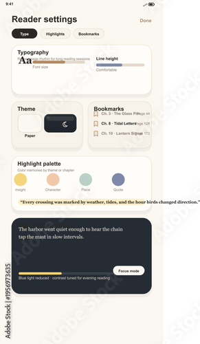 This digital interface showcases reader settings for an ebook