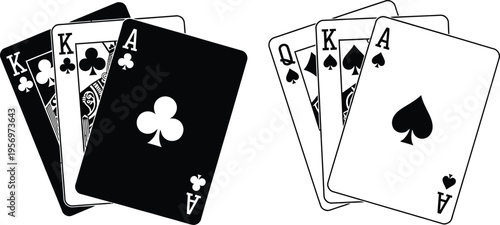 Playing cards kings queens aces black white vector illustration set