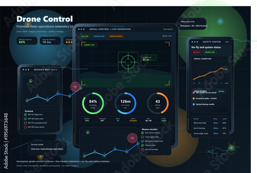 A futuristic drone control dashboard featuring live mission