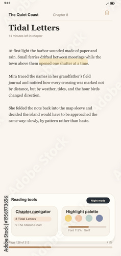 A mobile application interface for an e-book reader displays a