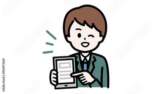 笑顔で説明するタブレット型デバイスを使ったITサポートの男性スタッフ