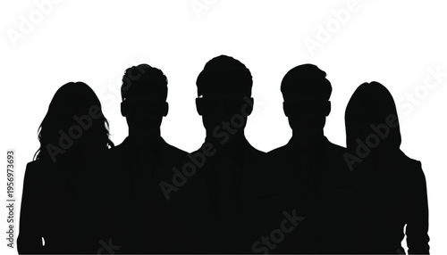 Five human head and shoulder silhouettes stand closely together as a diverse group against white.