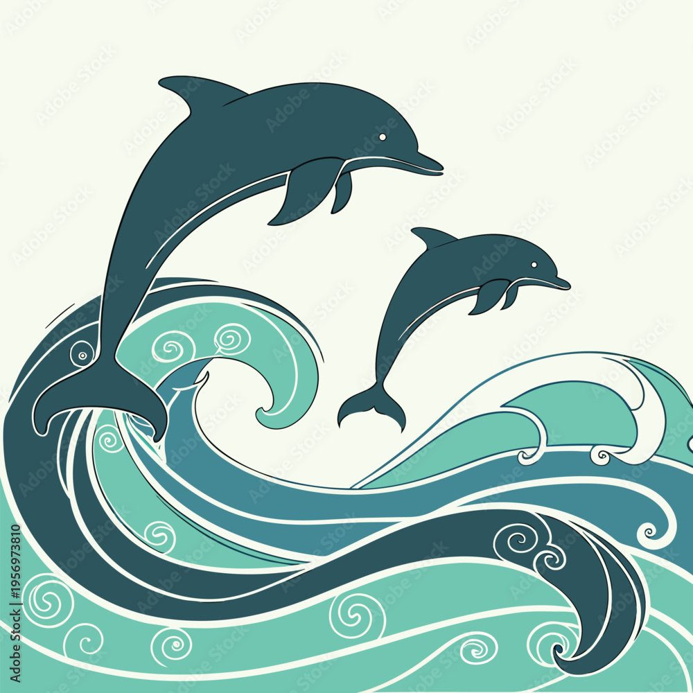 Obraz premium Two dolphins jumping over sunset ocean waves in a minimalist silhouette, vector graphic