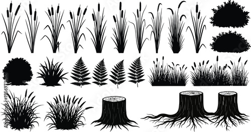 Black silhouette grass plants bushes stumps set isolated botanical elements