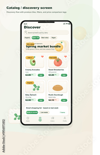 A mobile app interface for a grocery catalog discovery screen
