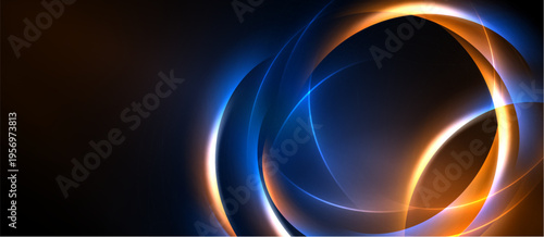 Abstract design features glowing orange, blue curves. Dark background creates dramatic visual impact. Modern, dynamic composition.
