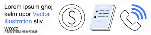Finance, communication, monetary transactions, business correspondence, remote work, customer support. Dollar sign, document and phone with text. Finance and communication concept