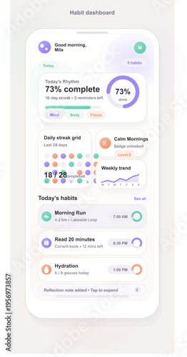 A habit tracker mobile app interface on a white smartphone featuring