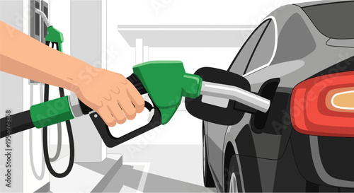 A person's hand refuels a black car with a green nozzle at a gas station.